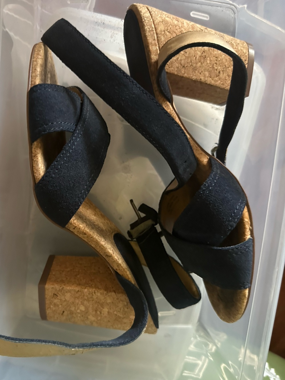 Navy and Cork Block Heel Sandals - Women's Dress Heels